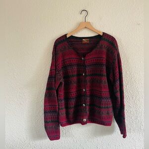 Vintage Red and Black Women's Cardigan Sweater